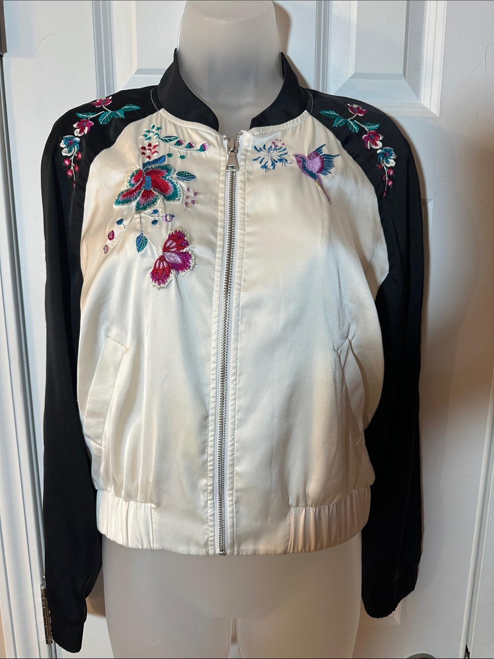 Express Embroidered Satin Bomber Jacket - White & Black